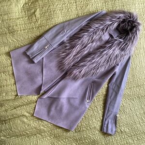 Chic Gray Faux Suede Coat w/ Removable Faux Fur Trim & Faux Leather Sleeves
